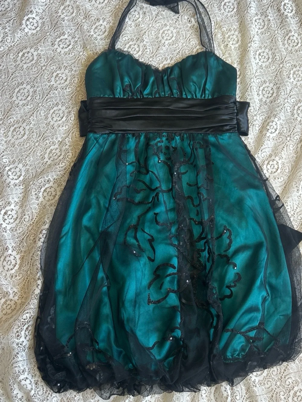 Trixxi Teal and Black Halter Prom Dress